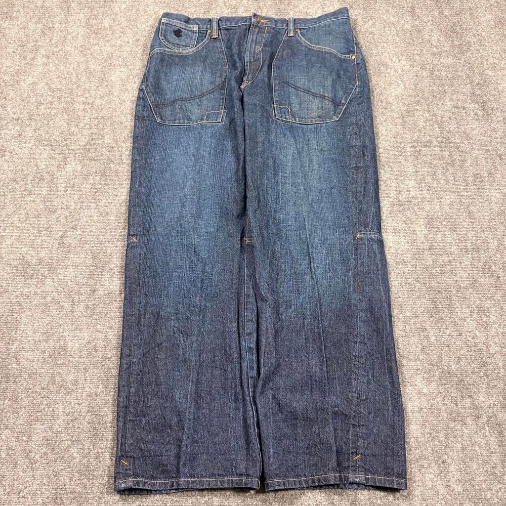 vintage y2k rocawear baggy dark wash straight leg embroidered logo jeans